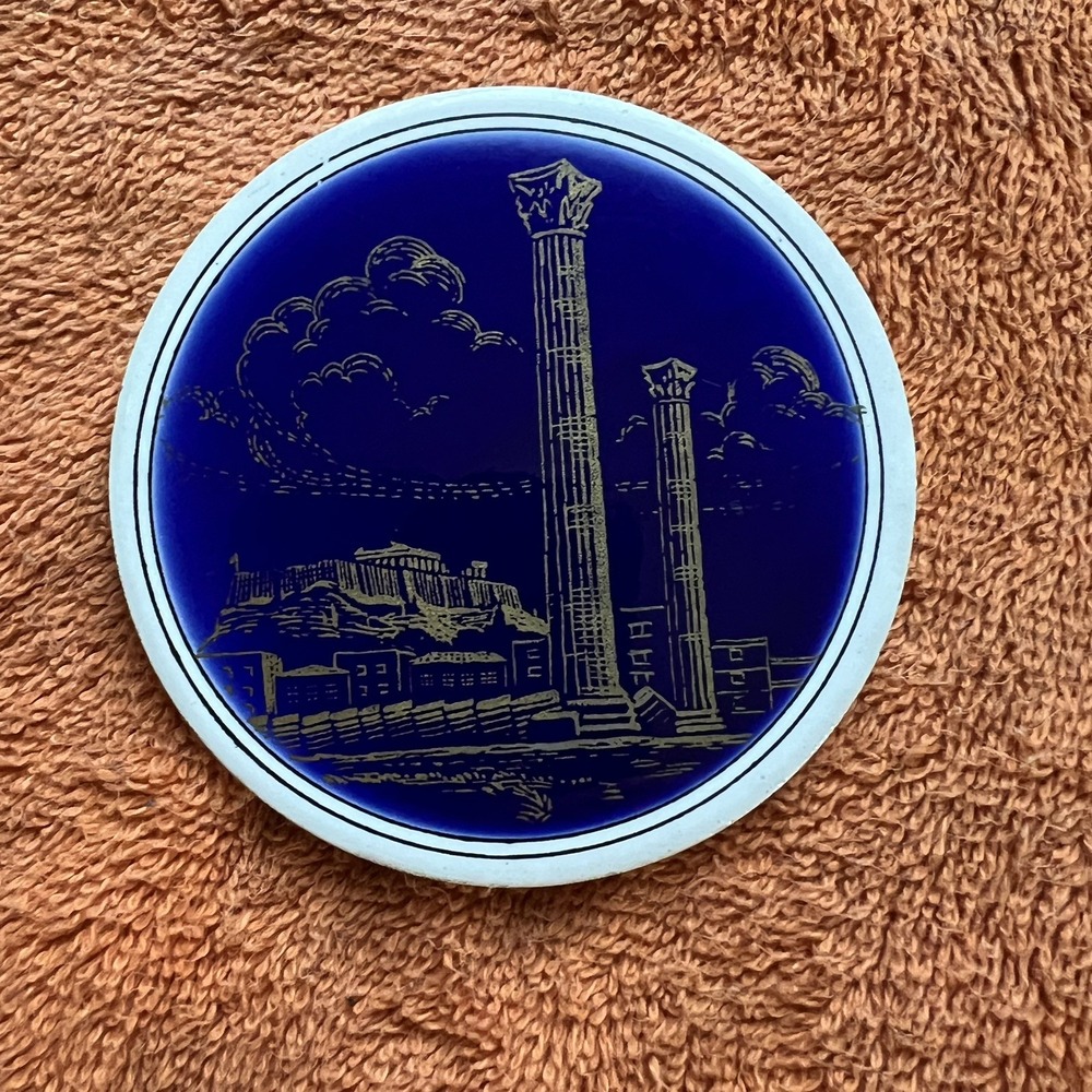 Handmade Greek Ceramic Coaster Plaque Ruins Columns Scene Smaltotechniki Blue